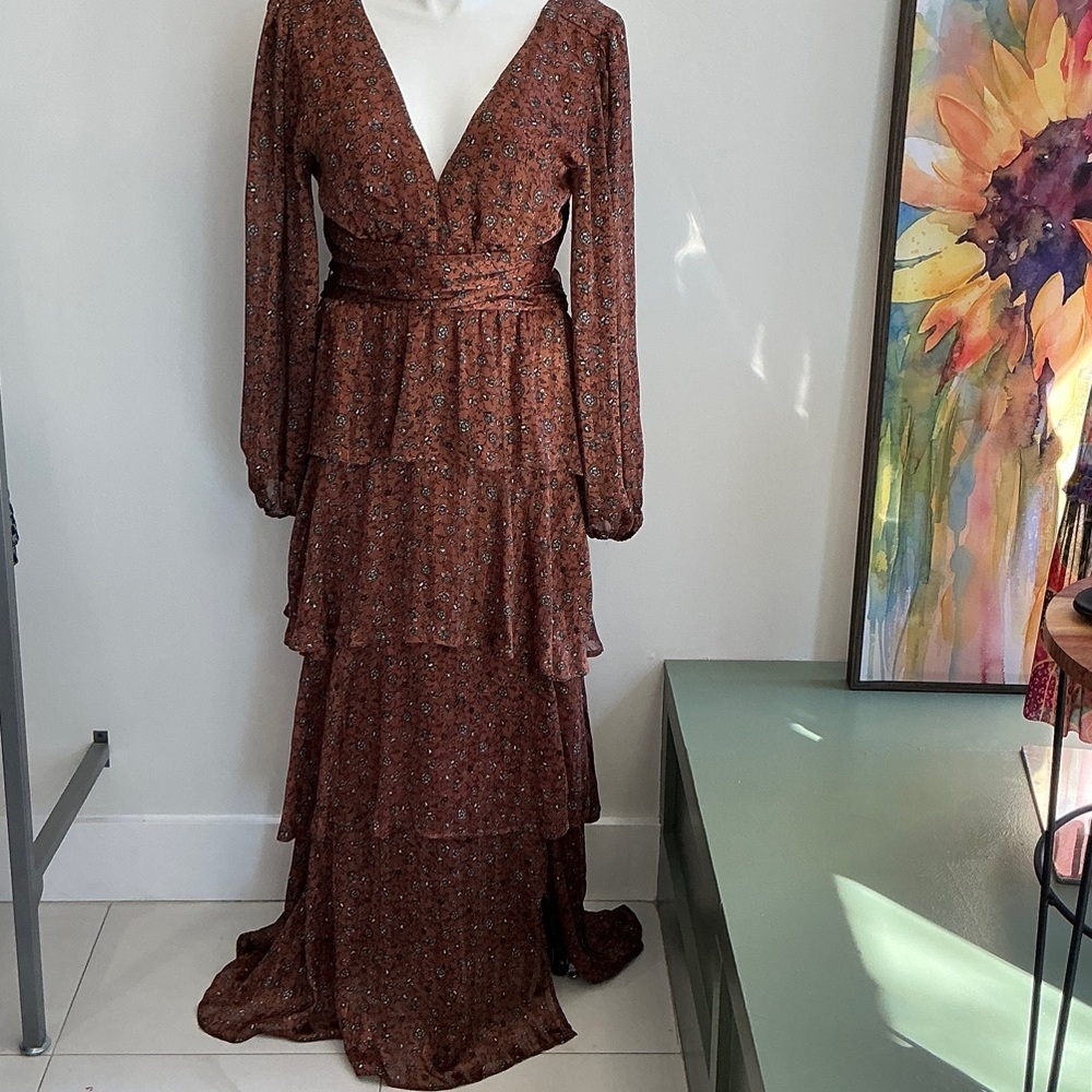 Astr Brown Floral Long Sleeve Open Back Maxi Dress - Extra Large (871)
